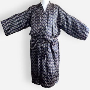 Jos A‎ Banks Silk Robe Men One Size Navy Blue Gold Geometric Bathrobe Belted